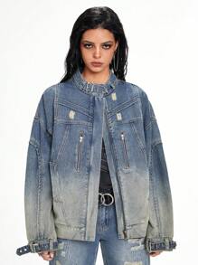 ROMWE Grunge Punk Women's Drop Shoulder Long Sleeve Loose Distressed Denim Jacket
