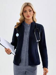 TaskEZ Plain Zipper Front Long Sleeve Pocket Uniform Scrub Jacket - Navy Blue - View 9