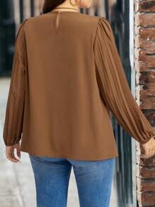 SHEIN LUNE Plus Size Plain Crew Neck Ruched Long Sleeve Blouse Fall Cloth For Women - Brown - View 2