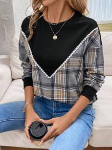 SHEIN LUNE Plaid Print Round Neck Casual Long Sleeve Sweatshirt Pullover Fall Outfit