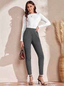 EMERY ROSE 女式纯色松紧腰褶皱休闲裤 - 灰色 - 查看 4