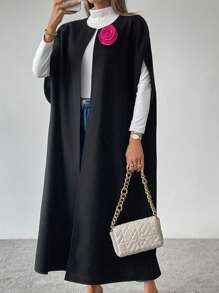 SHEIN LUNE 女士 3D 花朵无袖长款背心羊毛夹克 - 黑色 - 查看 5