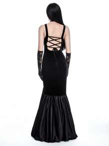 ROMWE Goth Vestido de fiesta gótico largo, sexy, sin espalda, estilo trompeta sirena, vestido de bola para mujer - Negro - Ver 4