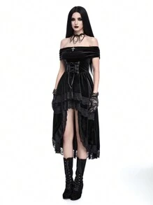 ROMWE Goth 暗黑哥特宫廷风露肩A字十字金属点缀女式中长连衣裙 - 黑色 - 查看 5