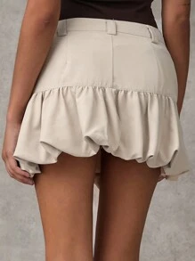 SHEIN BAE 女士卡其色纯色简约百搭休闲派对气球裙，时尚迷你蓬松裙 - 杏色 - 查看 2