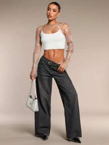 SHEIN BAE Solid Sexy Sheer Mesh Rhinestone Glaring Summer Music Festival Long Tops - Silver - View 1