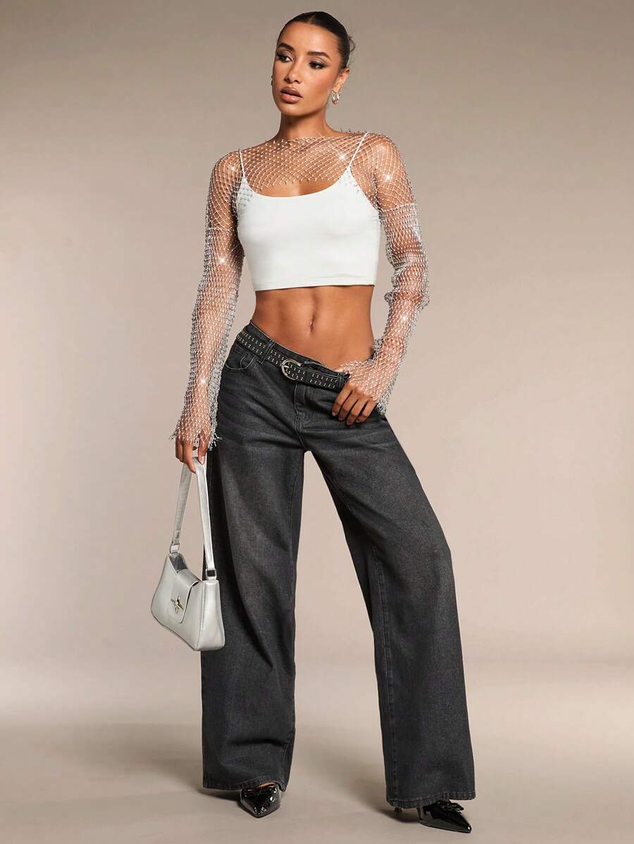 SHEIN BAE Solid Sexy Sheer Mesh Rhinestone Glaring Summer Music Festival Long Tops - Silver - View 1