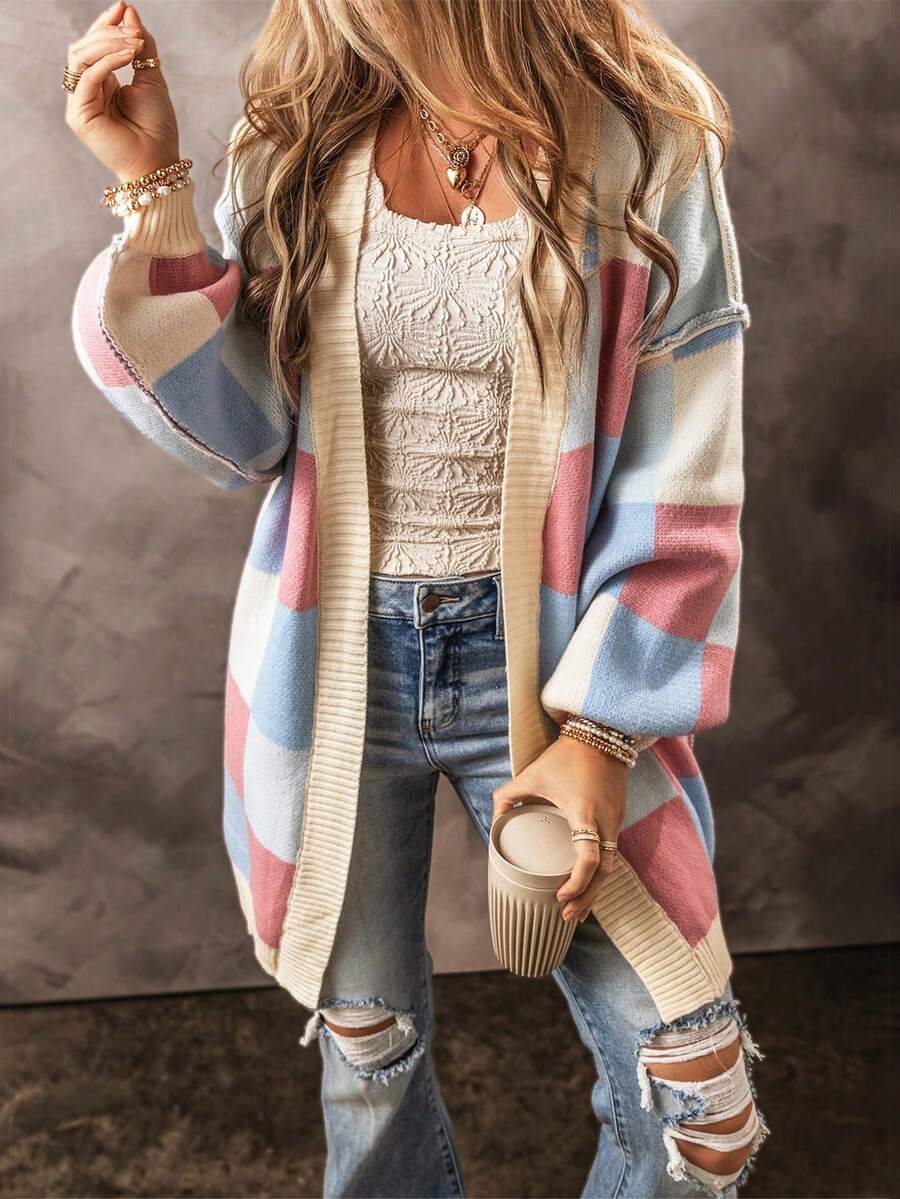 Acelitt Kolorowy damski kardigan w kratkę, kontrastowy kolor, luźny, swobodny, z długim rękawem, jesień/zima