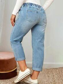 Women's Elastic Waist Washed Denim Long Pants, Suitable For Commuting And Casual Wear, Autumn