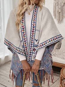 SHEIN LUNE Geometric Print Batwing Sleeve Casual Cardigan With Tassel Trim - Apricot - View 6