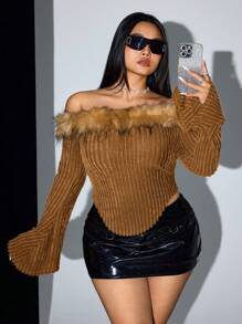 SHEIN ICON Y2K 加大码 垃圾摇滚嬉皮露肩毛绒边 T 恤 - 駝色 - 查看 1