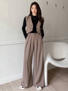 DAZY 2 piezas Conjunto casual de mujer con chaleco de cuello en V sólido de un solo botonadura y pantalones de pierna ancha, ropa de otoño, ropa de vuelta al colegio