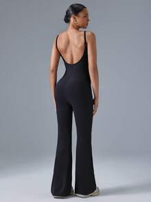 VARSITIE 纯色露背喇叭女式运动连体裤 - 黑色 - 查看 4