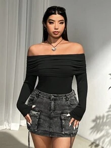 SHEIN EZwear Áo trễ vai màu đen cỡ lớn cho nữ, Thu/Đông - màu đen - Xem 3