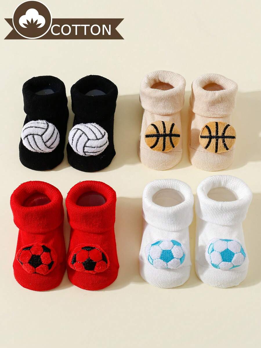 4pairs Baby Football & Rugby Themed Sports Ankle Socks, Suitable For Spring & Autumn - Multicolor - View 1