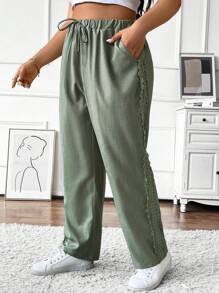 Calvaya Plus Size Elastic Drawstring Pocket Straight Leg Casual Fashion Street Pants Fall Cloth For Women - Green - View 5