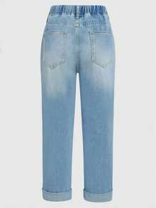 女士弹力腰水洗牛仔七分裤，适合通勤和休闲穿着，秋季款 - 淺色水洗藍 - 查看 8