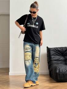 StreetHx Casual Style Printed Side Seam Contrasting Striped Loose Short Sleeve Crew Neck T-Shirt - Black - View 2