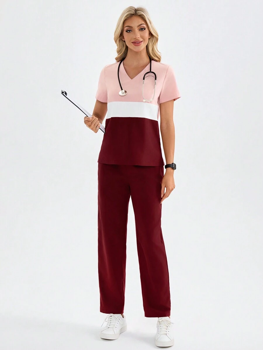 TaskEZ 撞色 V 领短袖口袋衬衫和裤子制服套装