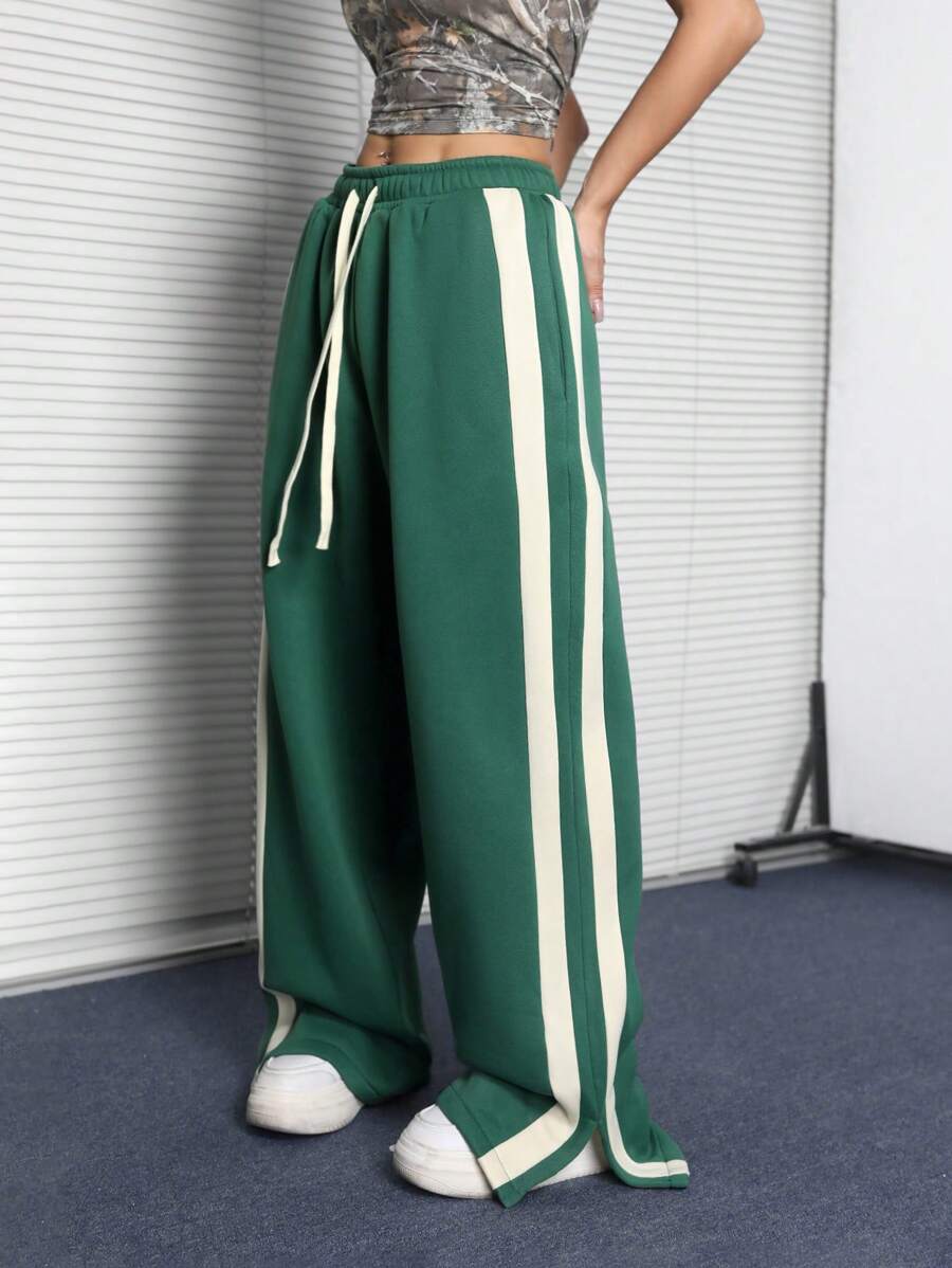 Muchica Quần ống rộng kẻ sọc xẻ gấu màu xanh lá cây thường ngày cho nữ dạo phố mùa thu - Màu xanh lá cây đậm - Xem 1