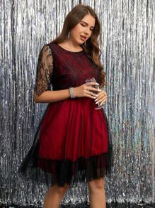 SHEIN Clasi Plus Size Zwarte Kant Contrast Mesh Elegante Zomerjurk