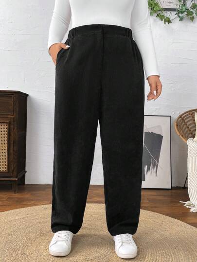 SHEIN LUNE Pantalones negros acanalados de talle alto para mujer de tallas grandes, conjunto para vacaciones