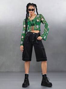 Rick and Morty X SHEIN 女士全印花喇叭袖打结短款上衣 - 綠色 - 查看 6