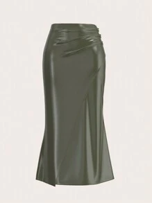 SHEIN Privé Women's Elegant Olive Green PU Fishtail Long Skirt,Autumn Pleated Tight Skirt For Office,Business Casual Fashion Commuting Versatile Fall Clothing - Green - View 1