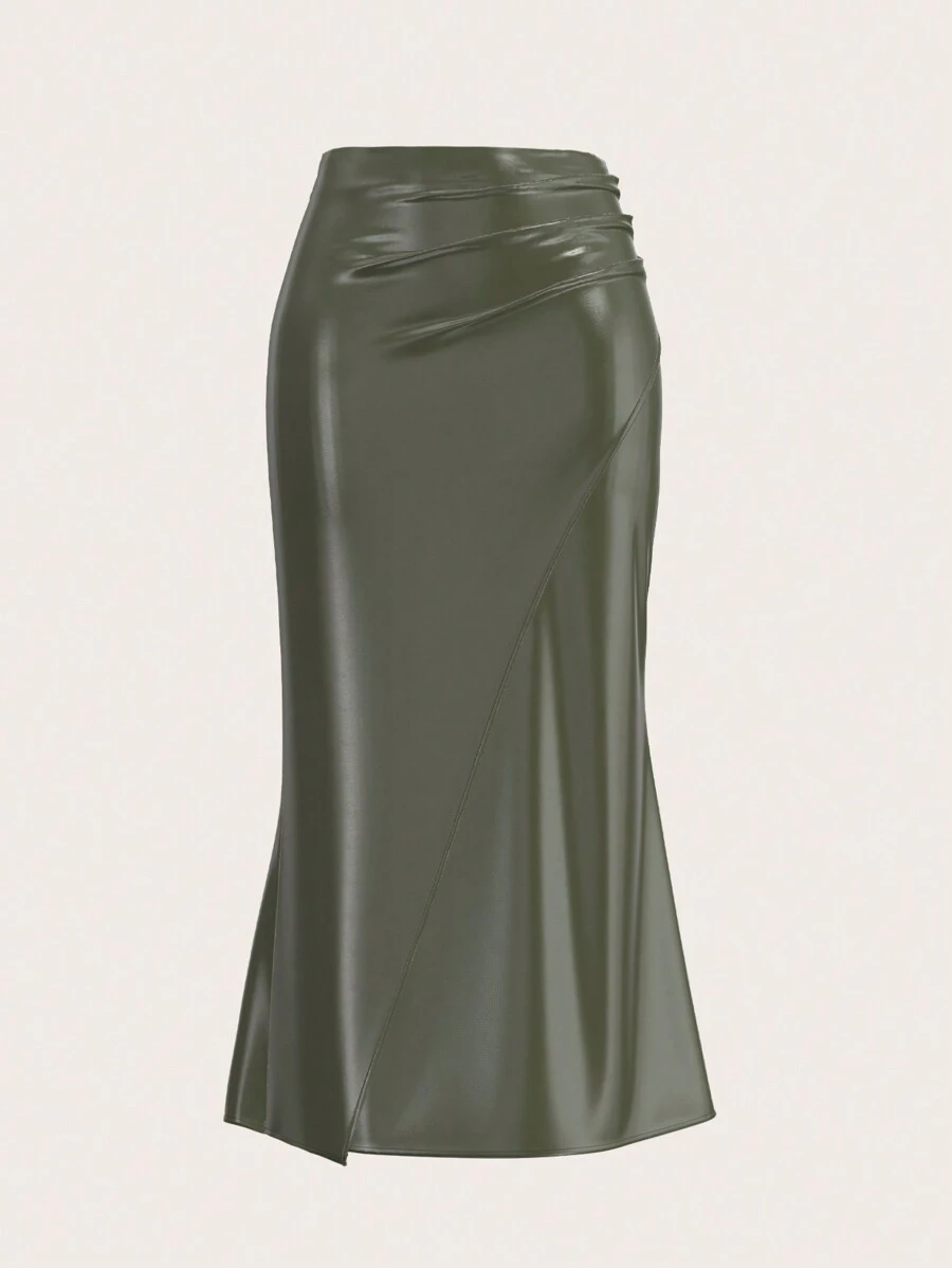 SHEIN Privé Women's Elegant Olive Green PU Fishtail Long Skirt,Autumn Pleated Tight Skirt For Office,Business Casual Fashion Commuting Versatile Fall Clothing - Green - View 1