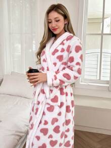 Women's Heart Print Pocket Fleece Robe With Collar, For Fall Winter - White - View 3