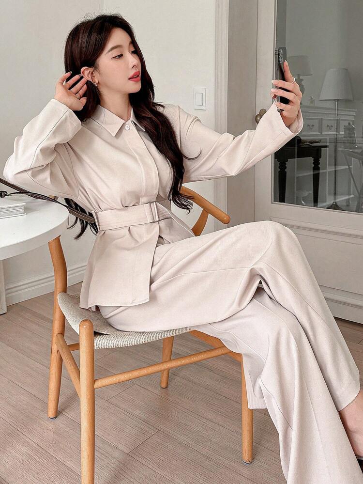 2pcs/Set Women's Solid Color Long Sleeve Shirt And Wide Leg Pants,Fall Women Clothes