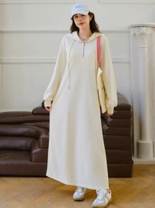 EastFlair Váy nỉ dài tay có mũ trùm đầu rút dây kéo thời trang thu đông cho nữ - Màu be - Xem 6