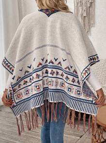 SHEIN LUNE Geometric Print Batwing Sleeve Casual Cardigan With Tassel Trim - Apricot - View 2