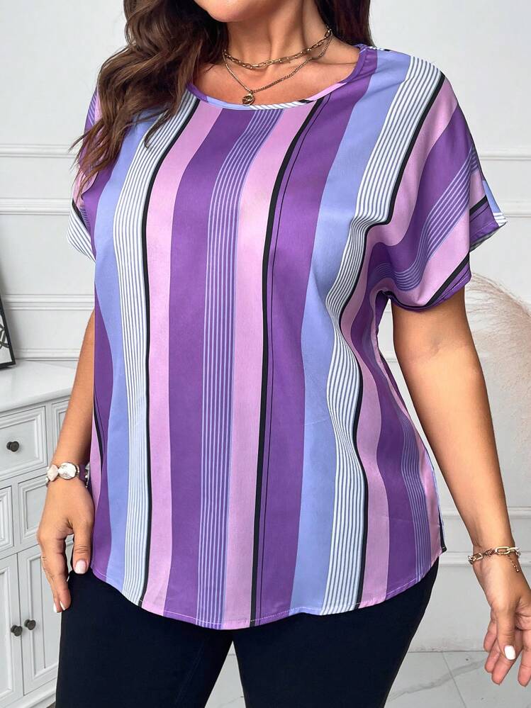 SHEIN Clasi Camisa de manga corta con botones y estampado de rayas coloridas, para mujer de tallas grandes, para el verano - Morado - Añade 6