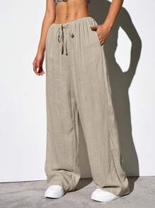 SHEIN EZwear Quần ống rộng dệt eo rút dây rộng màu kaki thường ngày cho nữ - Màu Khaki - Xem 3