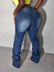 Slaydiva Jeans skinny blu in denim da donna con design stropicciato - Blu lavato scuro - Visualizzare 2