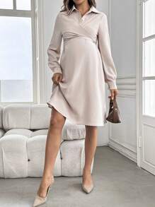 SHEIN Maternity Long Sleeve Button Up Polo Dress, Suitable For Fall/Winter, Pregnancy, Teacher, Baby Shower