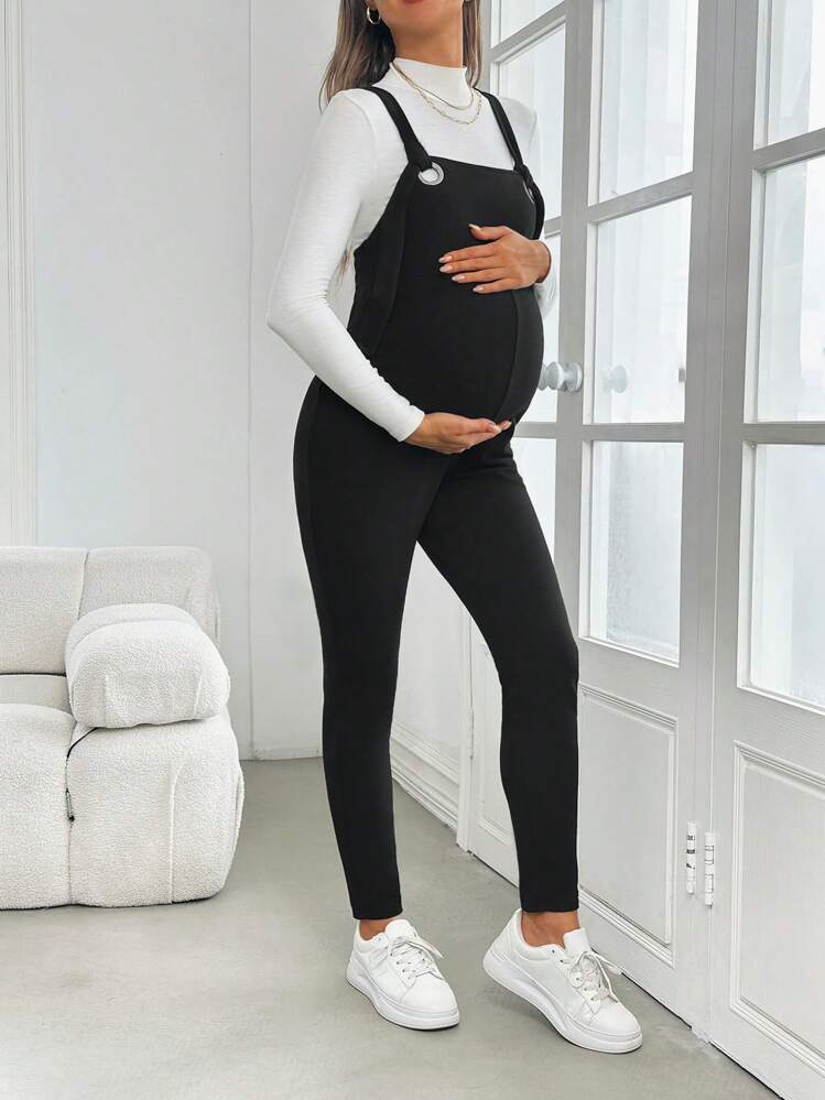 SHEIN 孕妇针织连体裤，系带，修身孕妇连体裤 - 黑色 - 查看 4