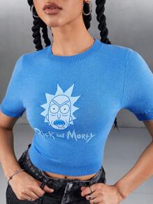 Rick and Morty X SHEIN Women's Cartoon And Letter Pattern Fitted Cropped Knit Top