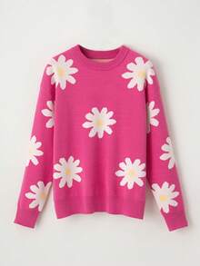 Cute Casual Long-Sleeved Knit Sweater With Daisy Floral Pattern And Round Neck - Pink - View 7
