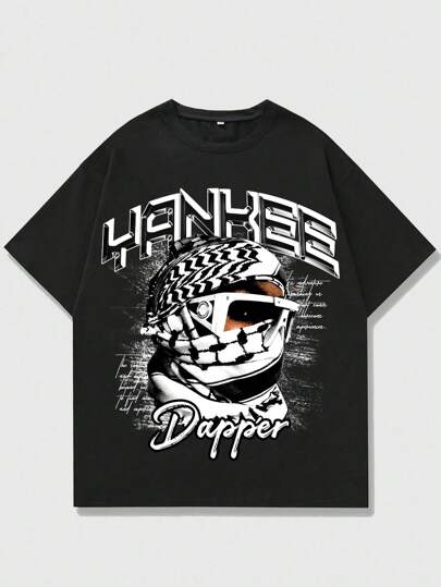 Street Life Men's Letter & Figure Print Crew Neck Short Sleeve Casual T-Shirt, Vintage High Street Style,Graphic Tee