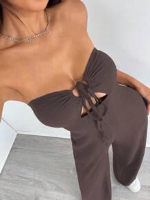 Flirla Women's Backless Lace-Up Hollow Open-Back Textured Y2K Sexy Strapless Jumpsuit - Coffee Brown - View 5
