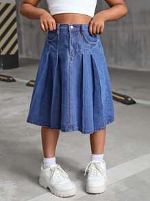 SHEIN 青少年女孩 Y2K 时尚休闲蓝色牛仔褶皱长裙，女孩秋季服装返校装