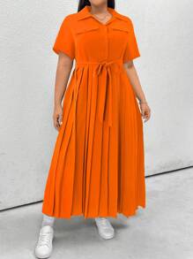 Flirla 大码前扣短袖褶皱连衣裙，休闲日常穿着 - 橘色 - 查看 1