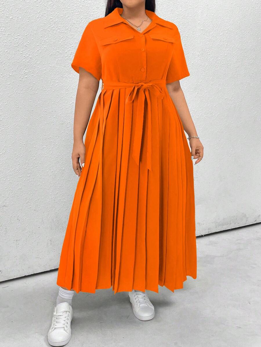 Flirla 大码前扣短袖褶皱连衣裙，休闲日常穿着 - 橘色 - 查看 1