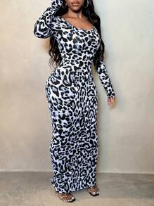 SHEIN SXY 豹纹紧身长裙，适合春夏季假期优雅约会夜派对性感波西米亚风动物印花豹纹猎豹印花 - 藍色 - 查看 7