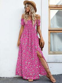 Breezaya 女士碎花露肩高开叉连衣裙 - 玫紅色 - 查看 1