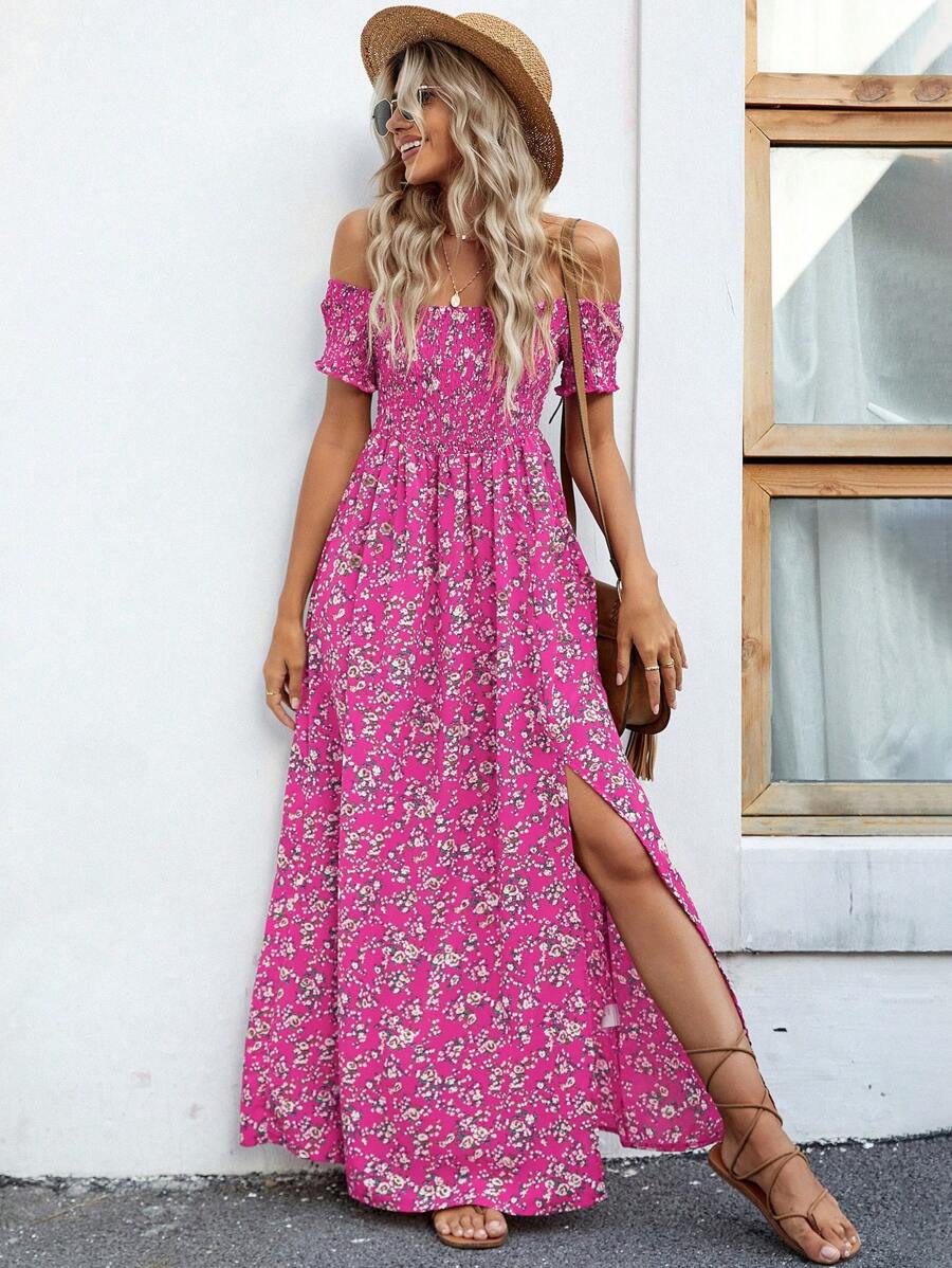 Breezaya 女士碎花露肩高开叉连衣裙 - 玫紅色 - 查看 1