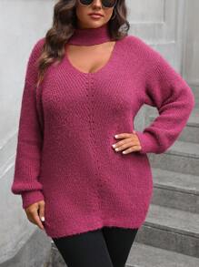 SHEIN Clasi Plus Size Keyhole Neck Solid Color Long Sleeve Sweater Knit Pullover Fall Winter - Burgundy - View 7