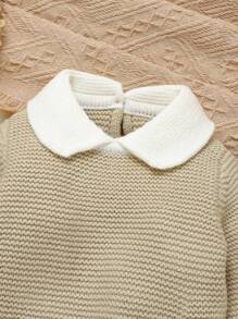 SHEIN Baby Mädchen 2er Set eleganter khakifarbener Baby Outfit, Langarm Pullover mit Kragen und Schleifendekor, kombiniert mit bequemen Latzhosen mit Taschen